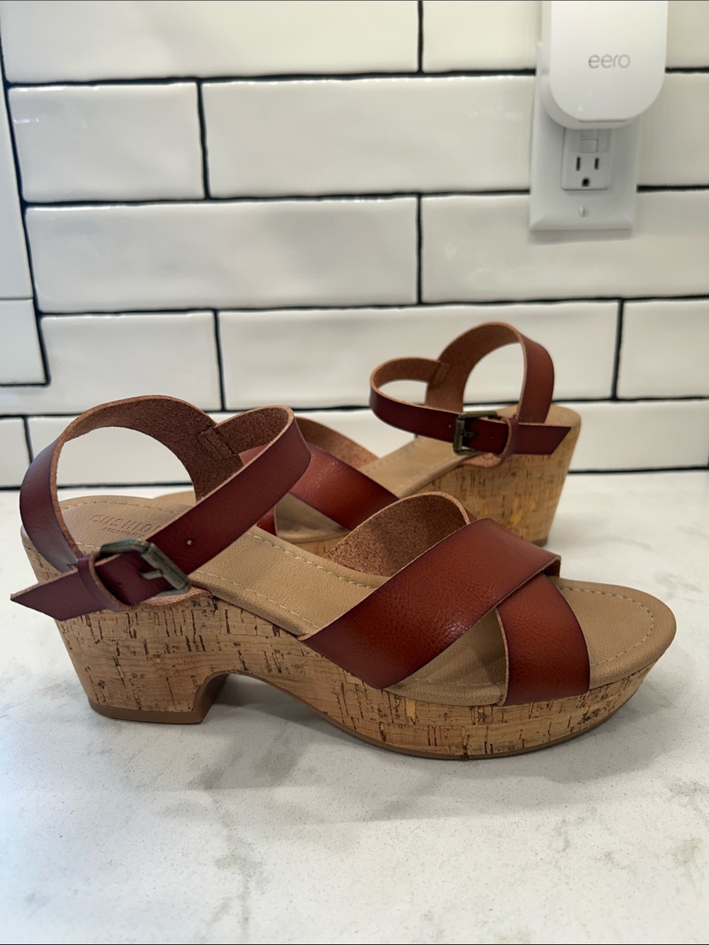 CUSHIONAIRE Women's Rosie Cork Wedge Sandal +Memory Foam 9.5 Cognac Boho - Picture 13 of 14